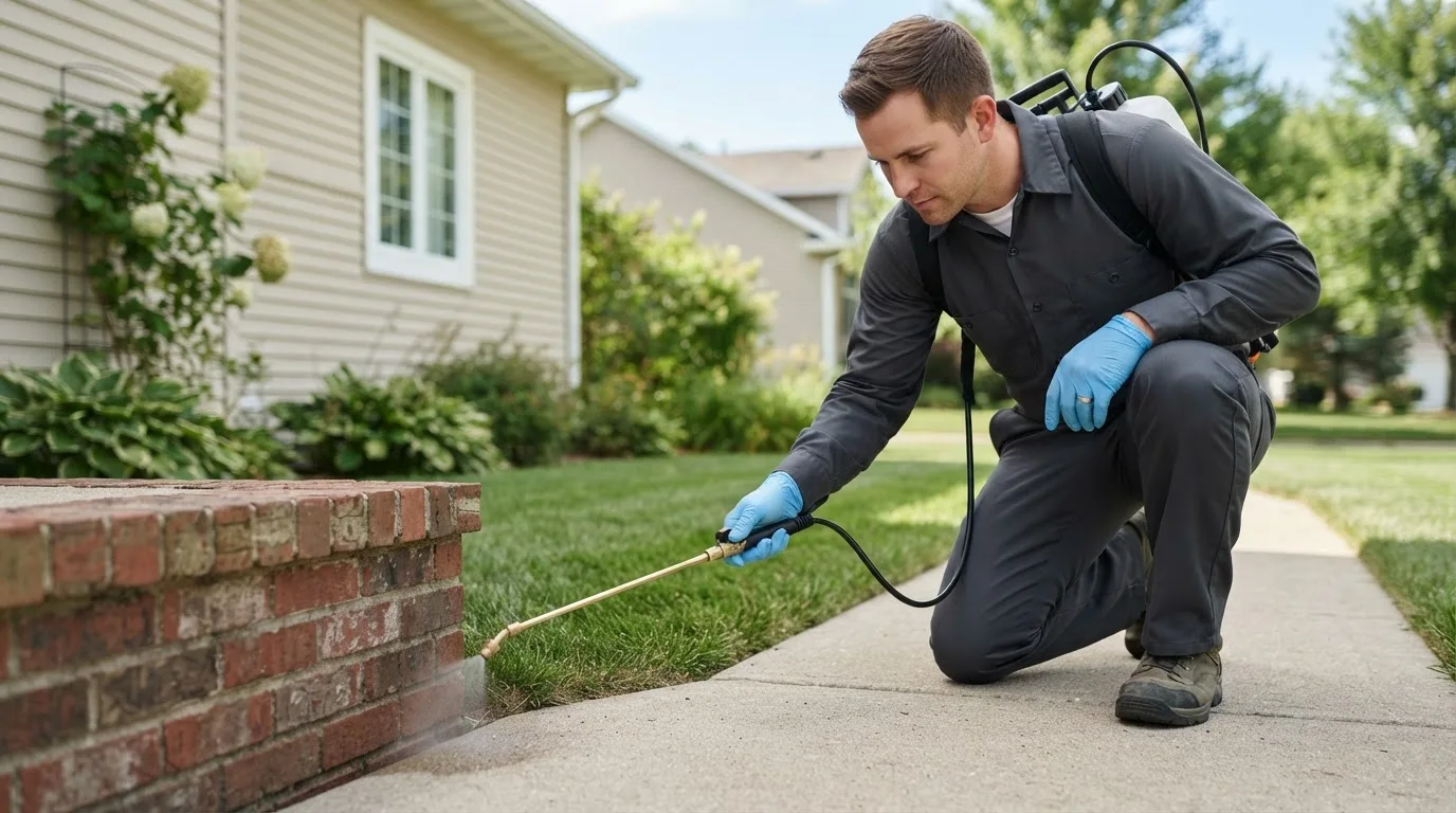 Pest control technician treating a home near Mascoutah, IL