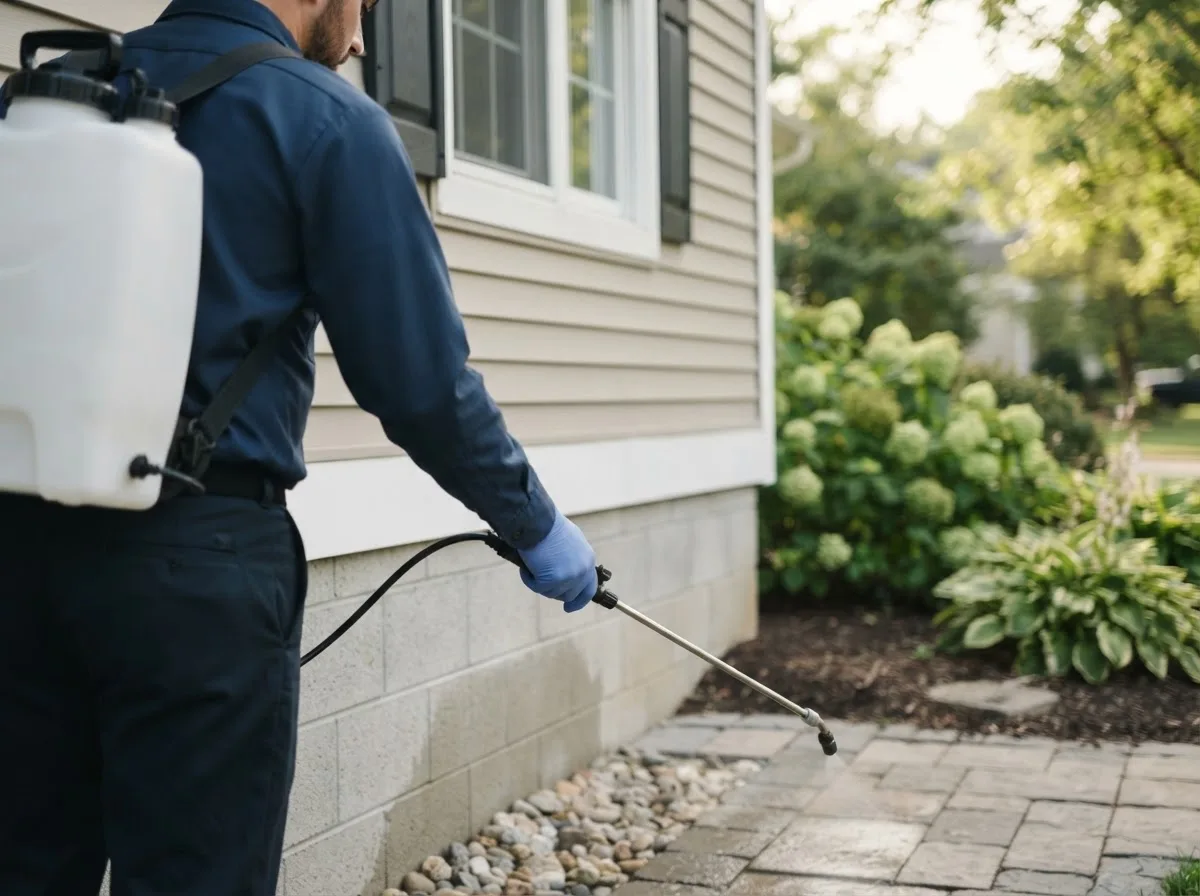 Pest control technician inspecting a home in Mascoutah, IL